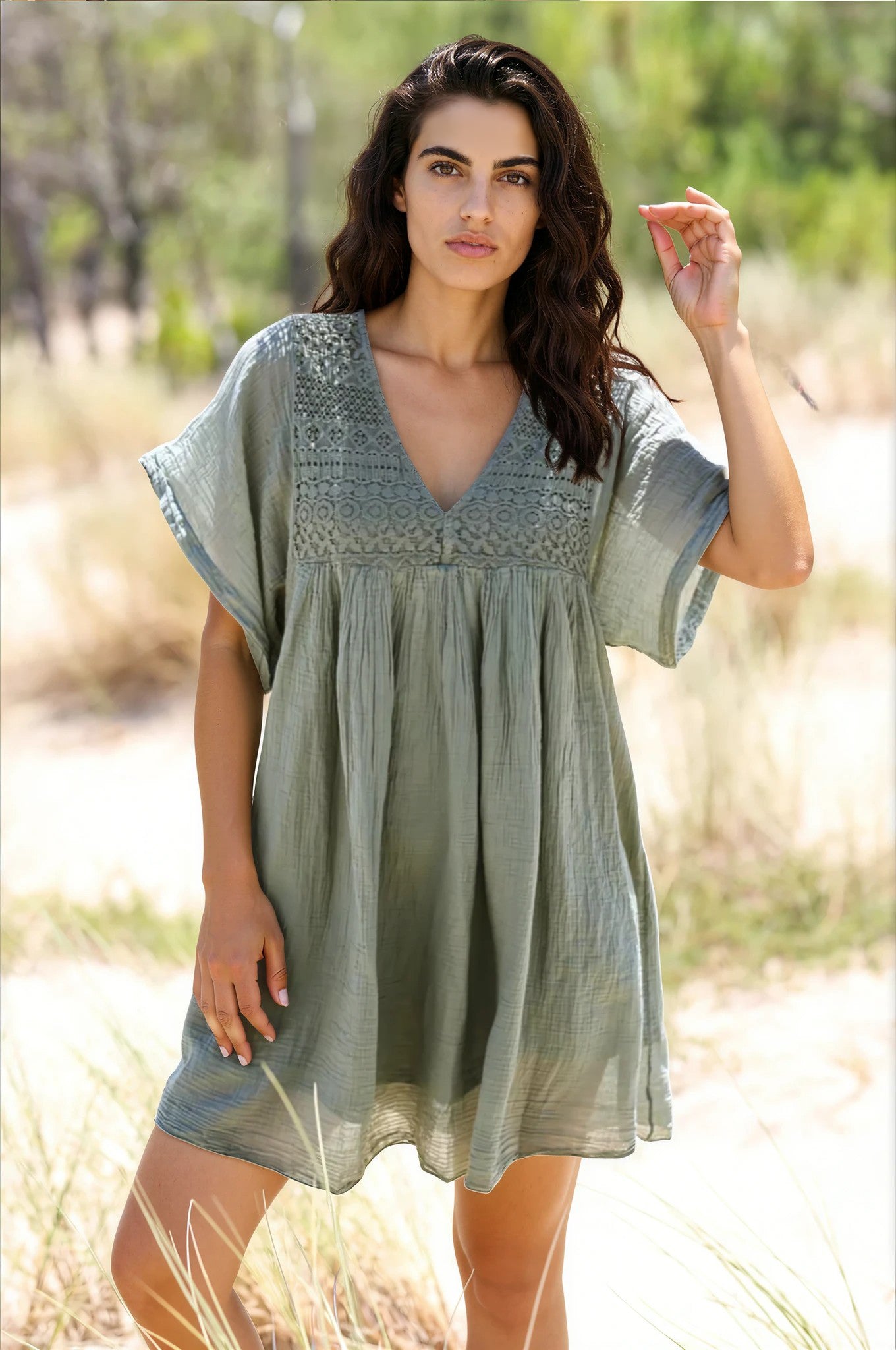 Olive Floaty Cotton Dress with Lace Top