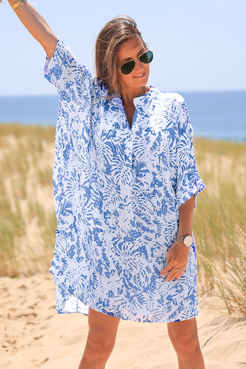 Robe large en coton col V imprimé des iles bleu
