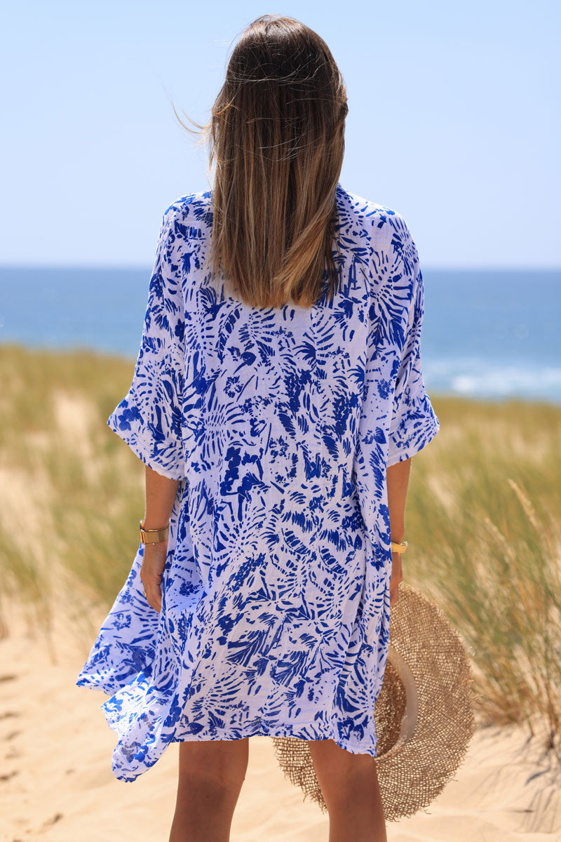 Robe large en coton col v imprimé des iles bleu roi