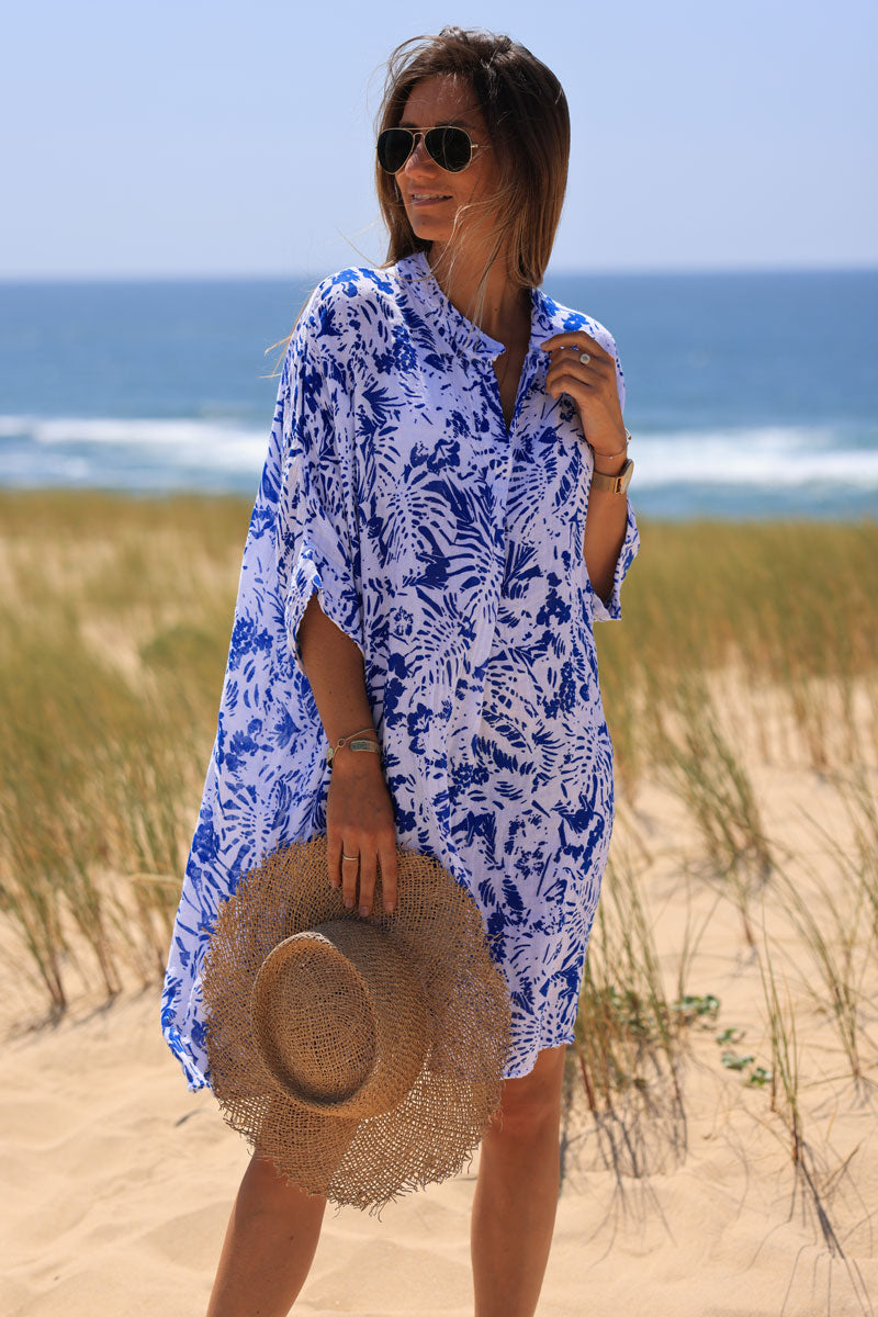 Robe large en coton col v imprimé des iles bleu roi
