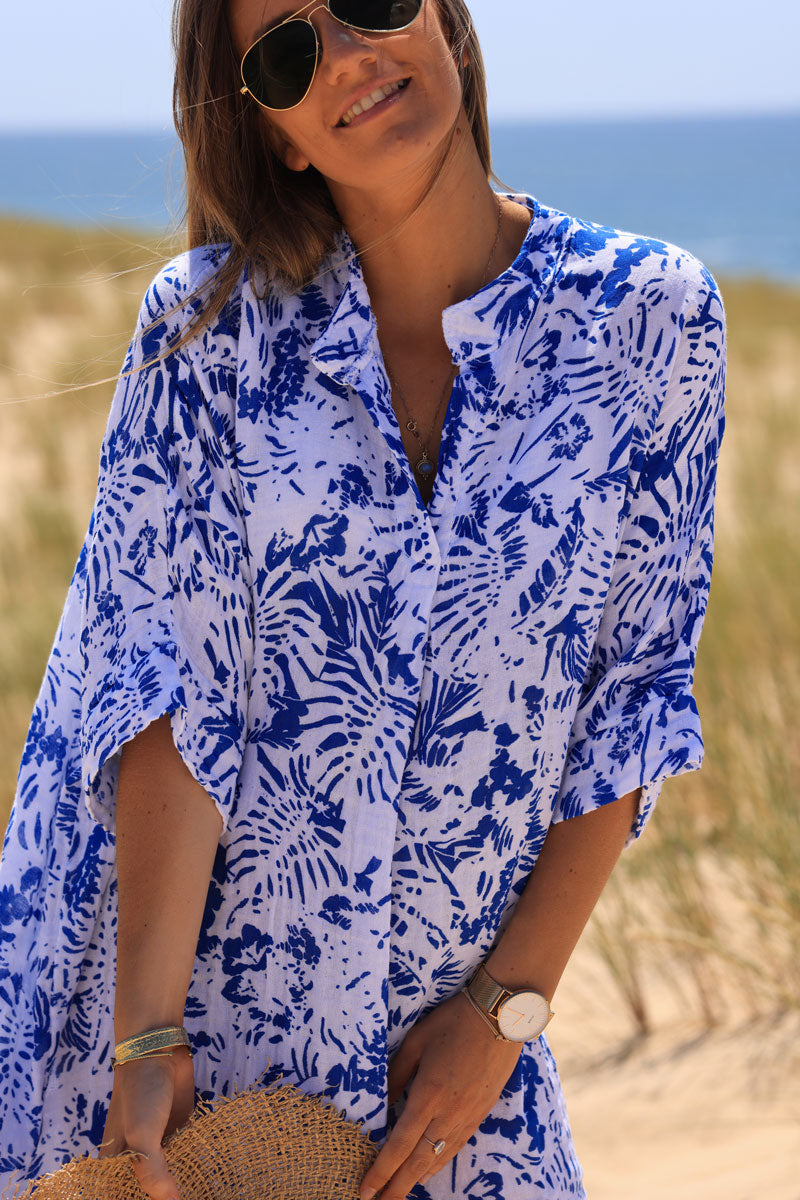 Robe large en coton col v imprimé des iles bleu roi