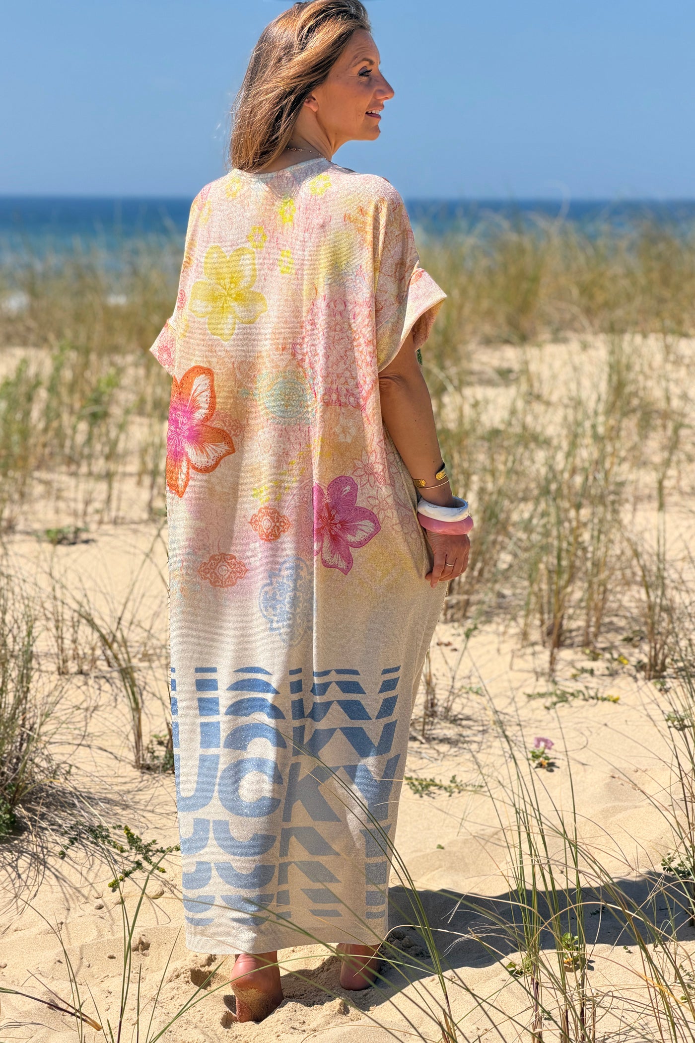 Robe large et brillante imprimé perroquet coloré Lucky col et poches sequins