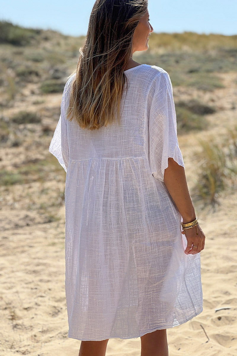 White Floral Embroidered Gauze V-Neck Mini Dress