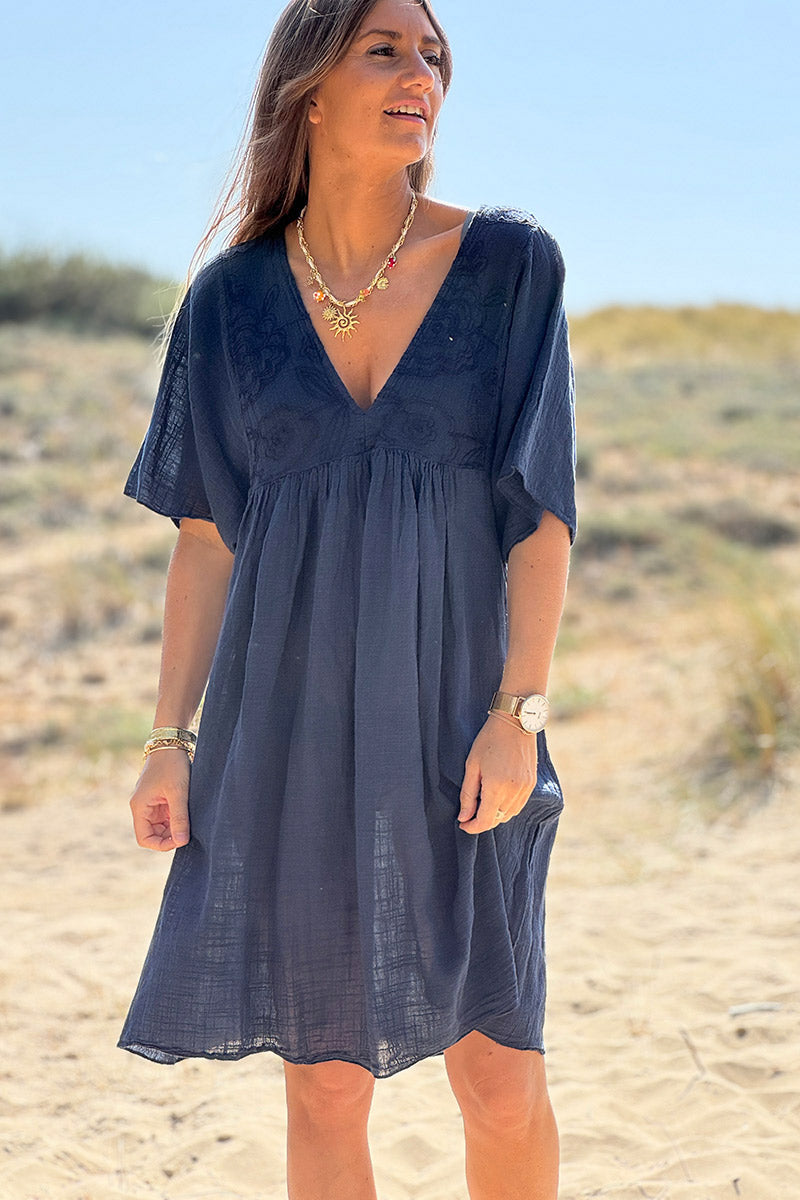 Navy blue Floral Embroidered Gauze V-Neck Mini Dress