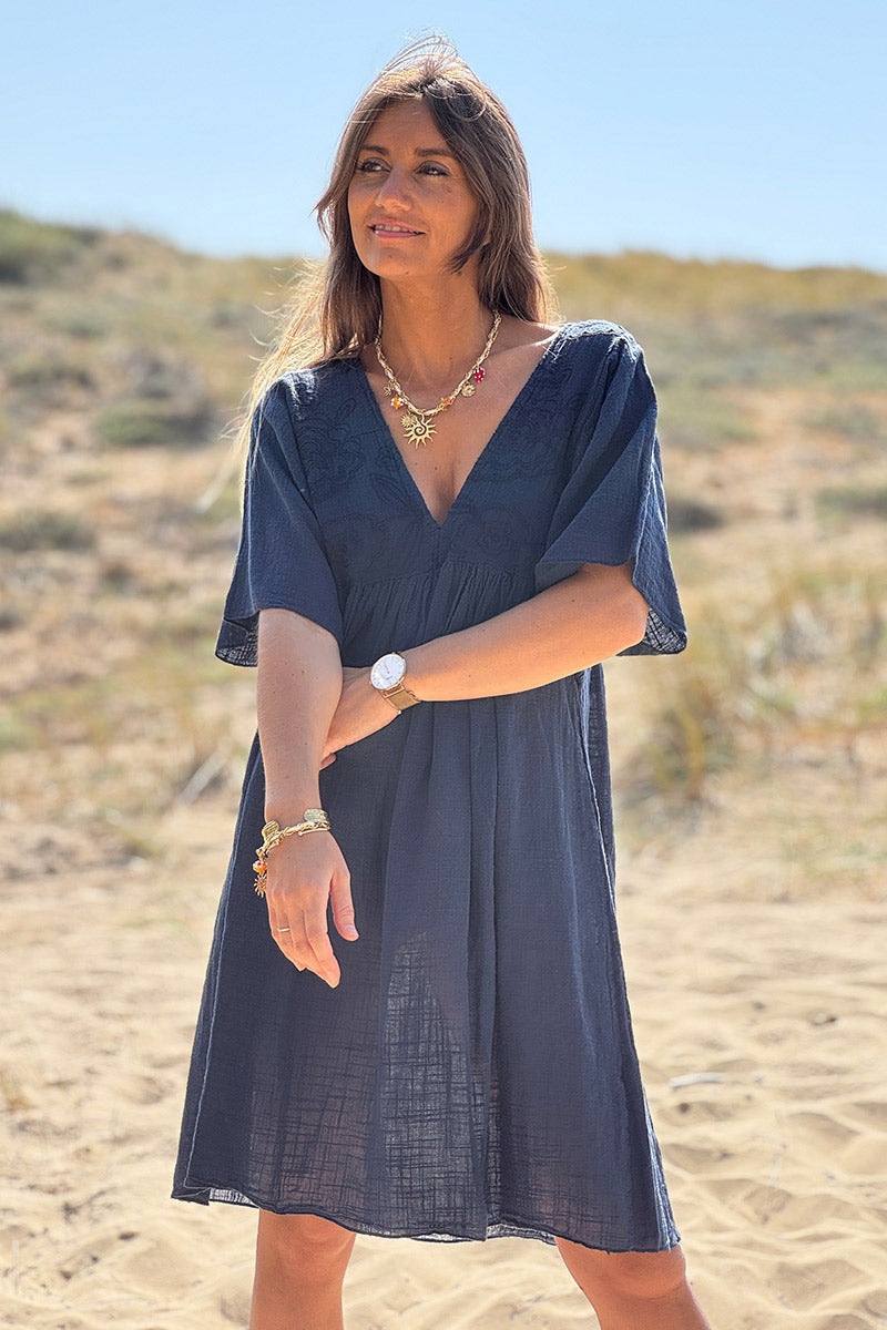 Navy blue Floral Embroidered Gauze V-Neck Mini Dress