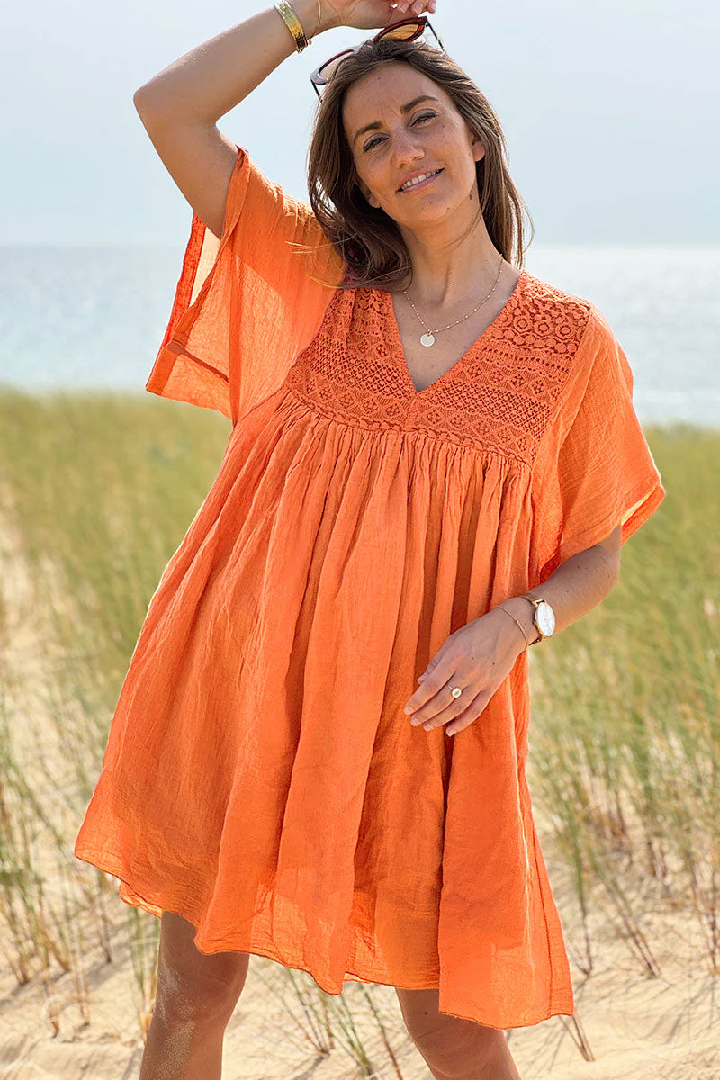 Robe orange légère voile de coton haut dentelle