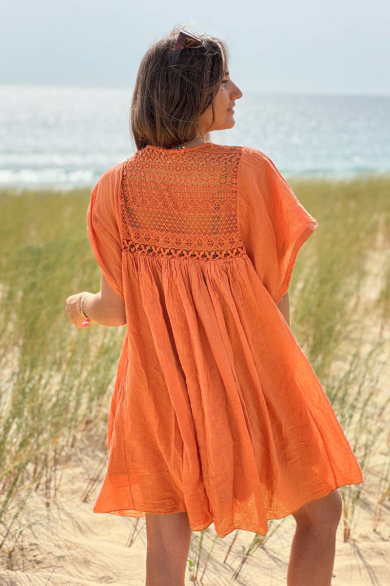 Robe orange légère voile de coton haut dentelle