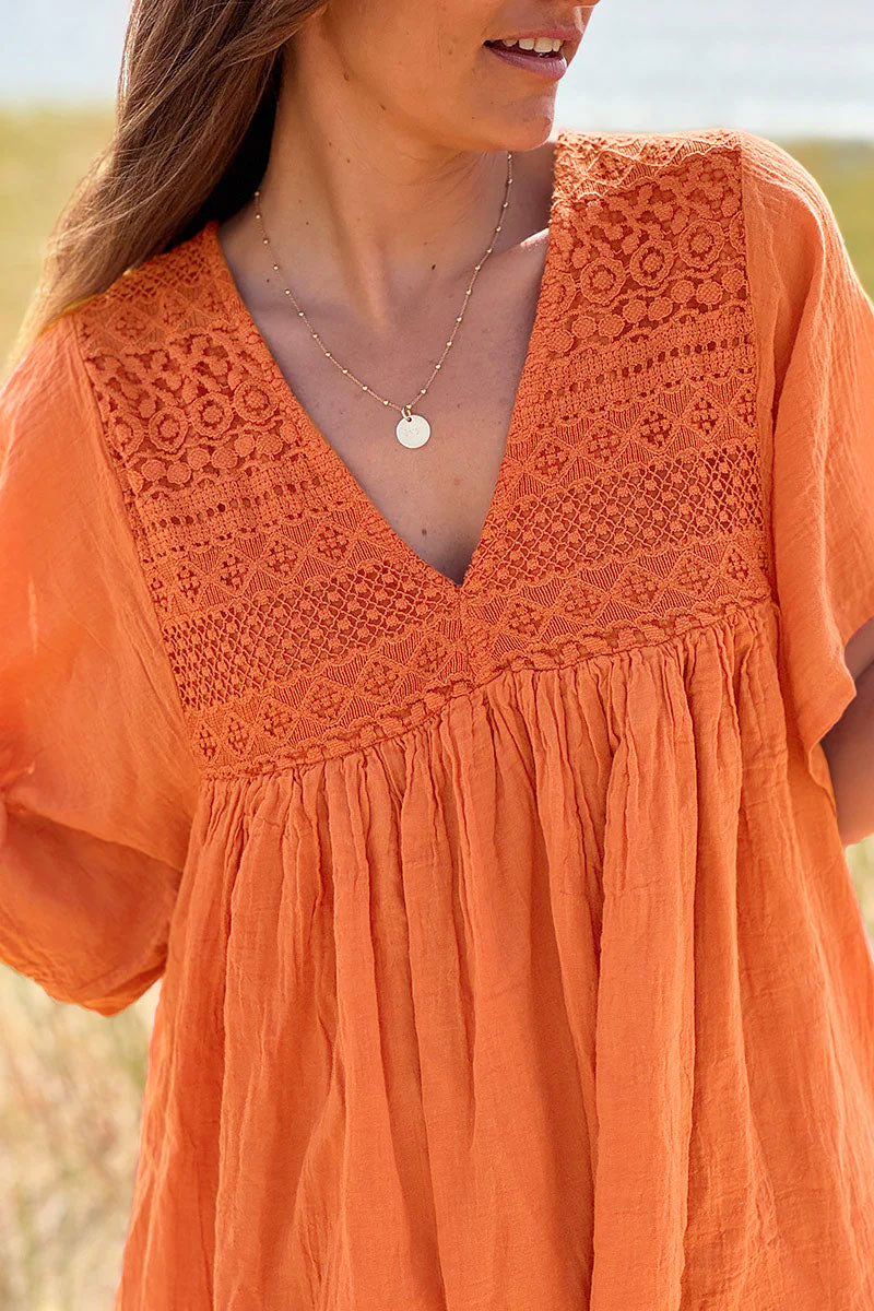 Robe orange légère voile de coton haut dentelle