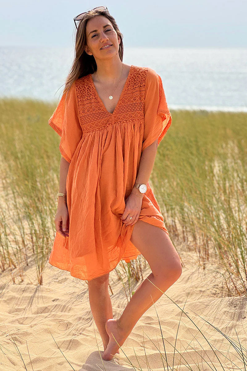 Robe orange légère voile de coton haut dentelle