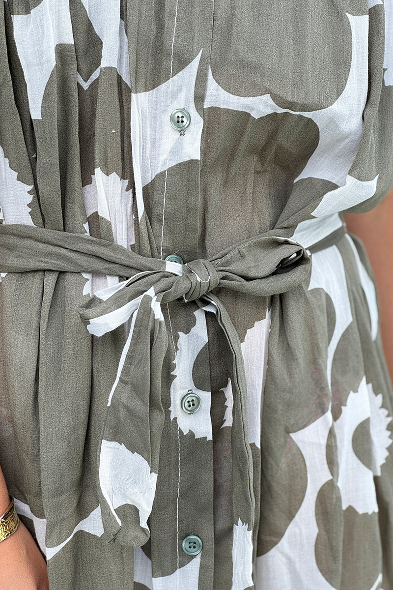 Olive Floral Sleeveless Belted Cream Dress