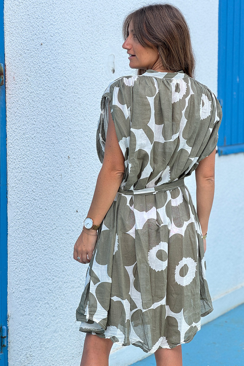 Olive Floral Sleeveless Belted Cream Dress