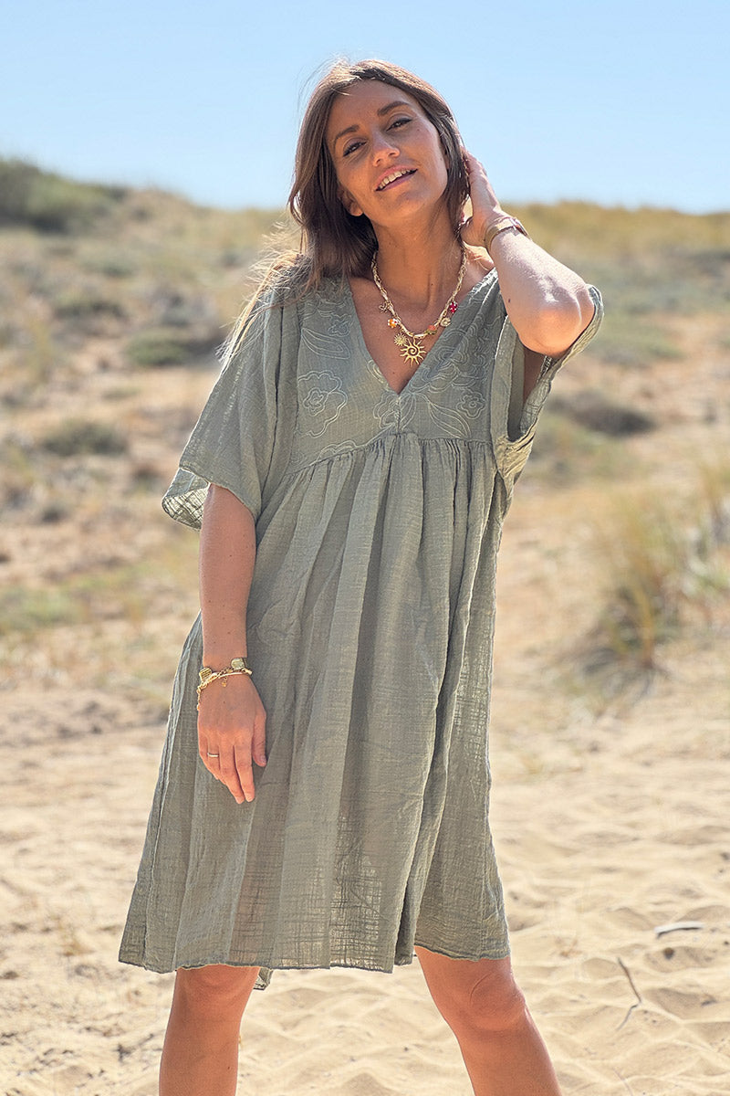 Olive Floral Embroidered Gauze V-Neck Mini Dress