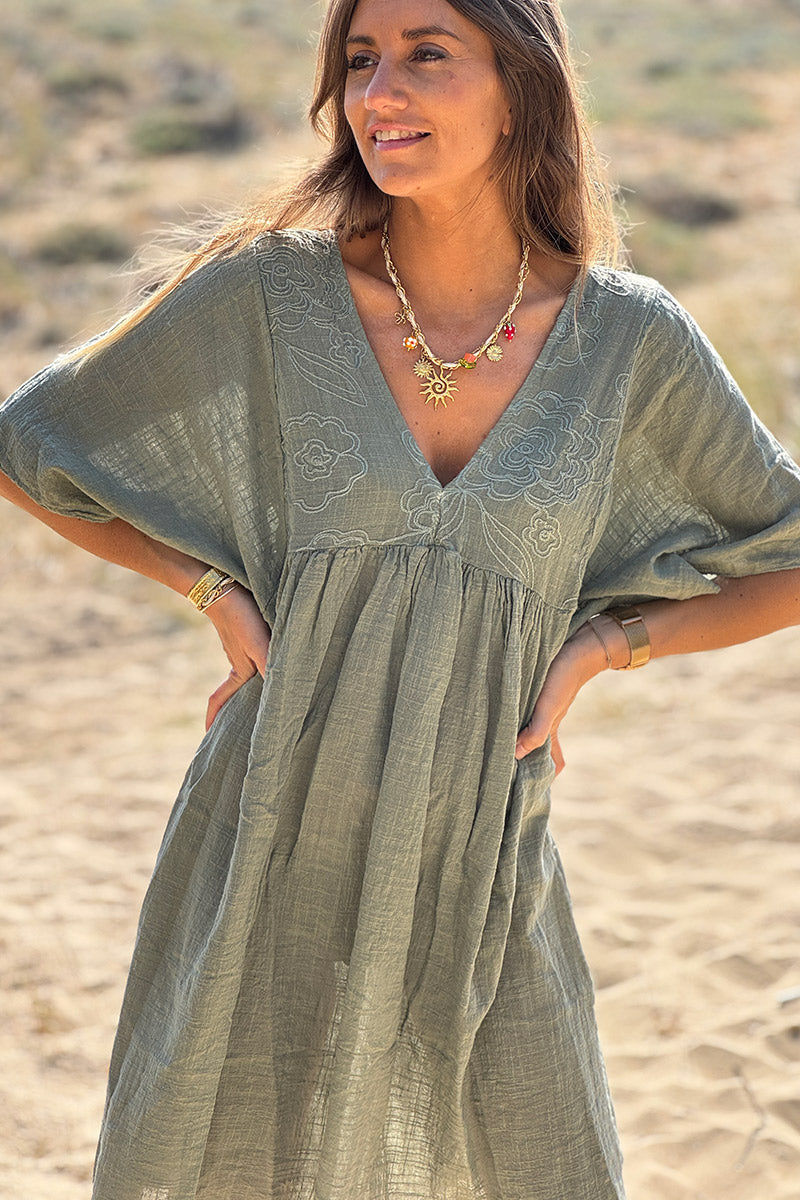 Olive Floral Embroidered Gauze V-Neck Mini Dress