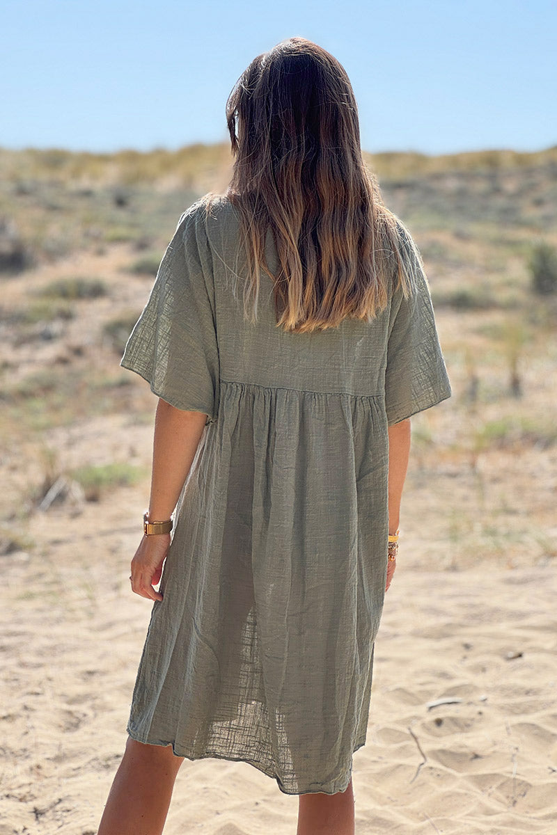 Olive Floral Embroidered Gauze V-Neck Mini Dress