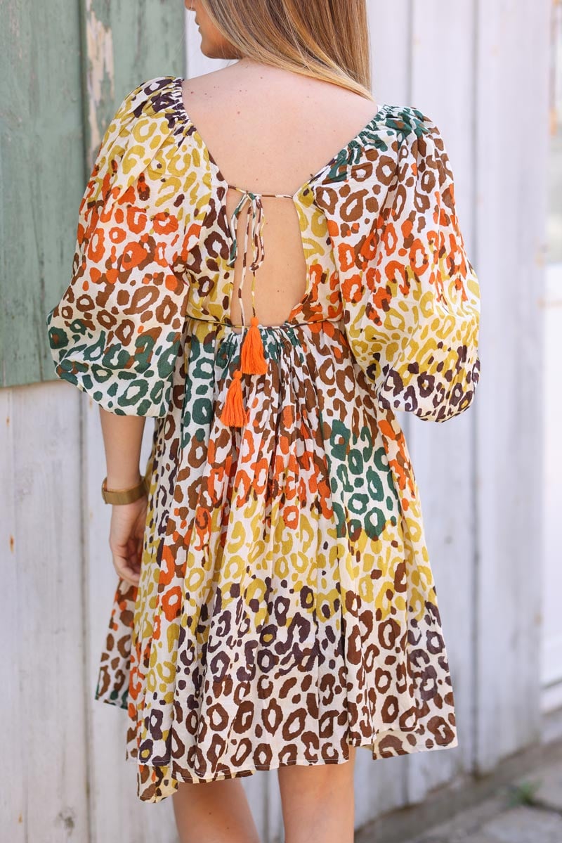 Robe legere manches bouffantes dos nus et noeud motif leopard H102 (1)