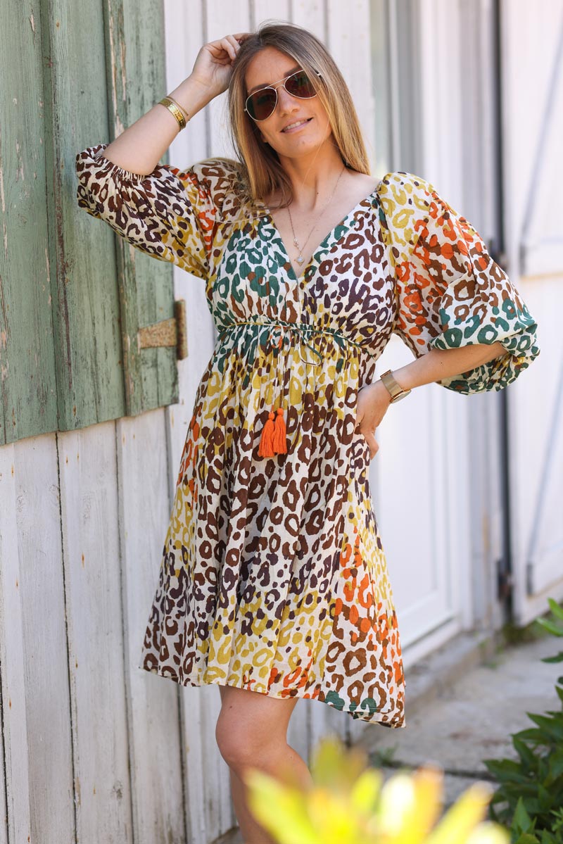 Robe legere manches bouffantes dos nus et noeud motif leopard H102 (1)