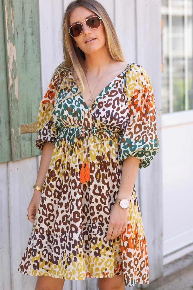 Robe legere manches bouffantes dos nus et noeud motif leopard H102 (1)