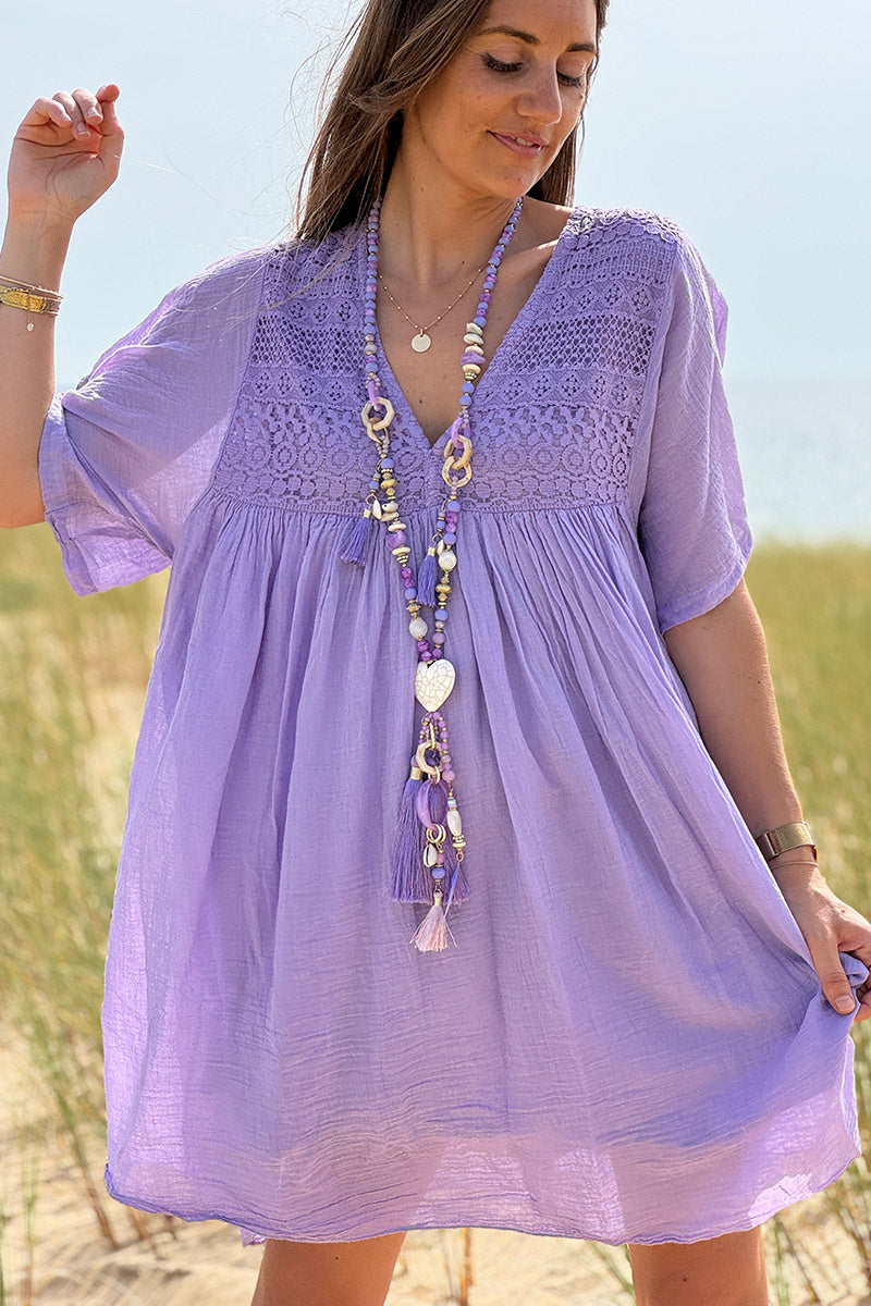 Robe lilas légère voile de coton haut dentelle