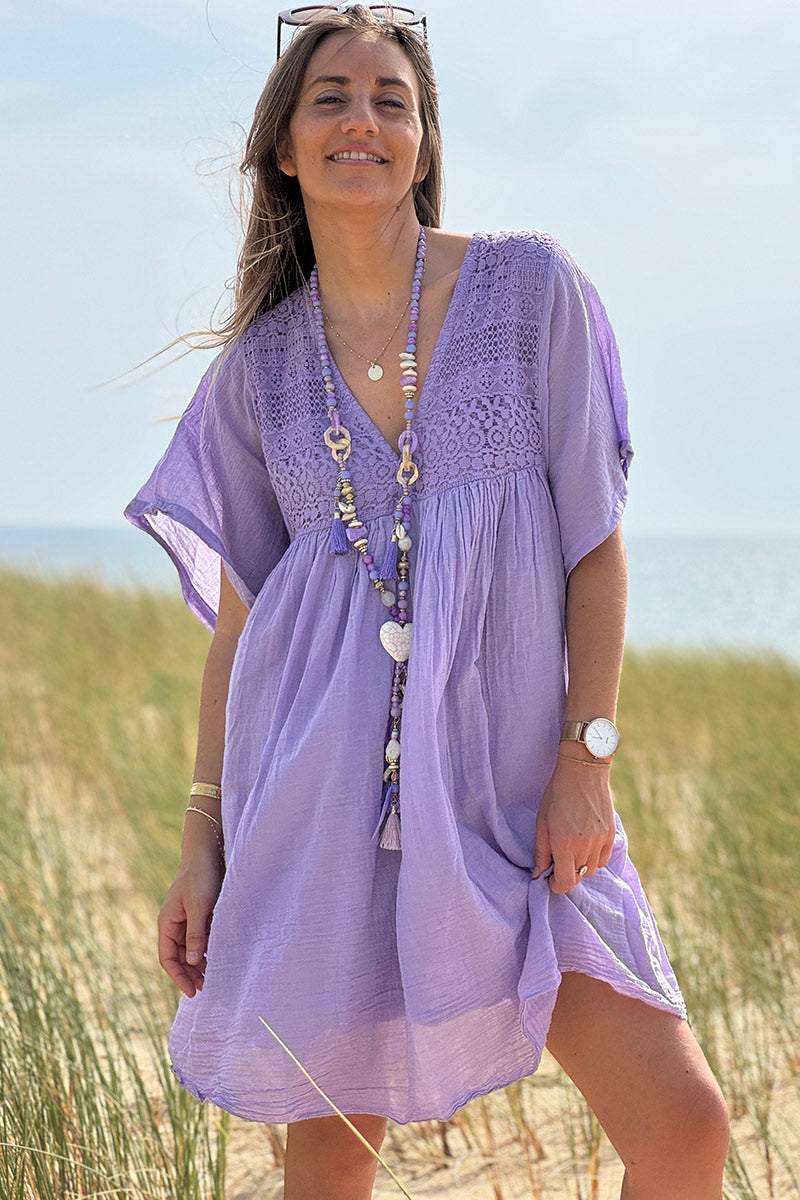 Robe lilas légère voile de coton haut dentelle