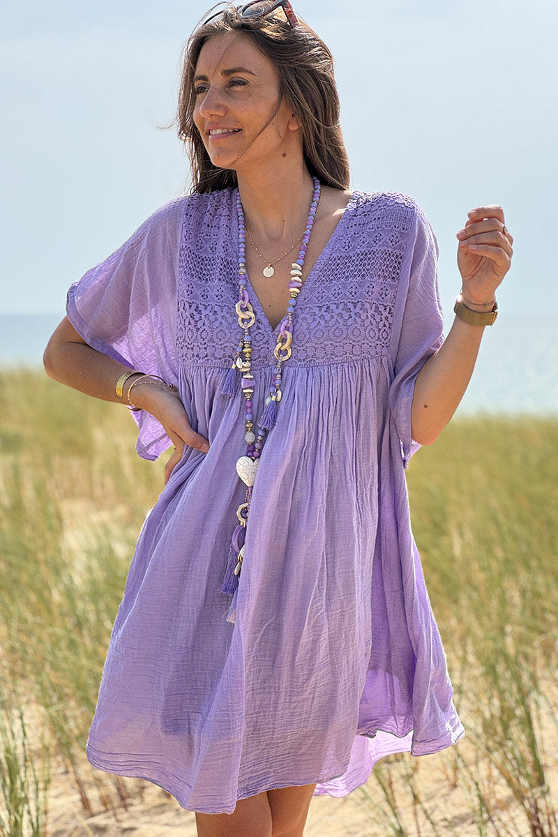 Robe lilas légère voile de coton haut dentelle