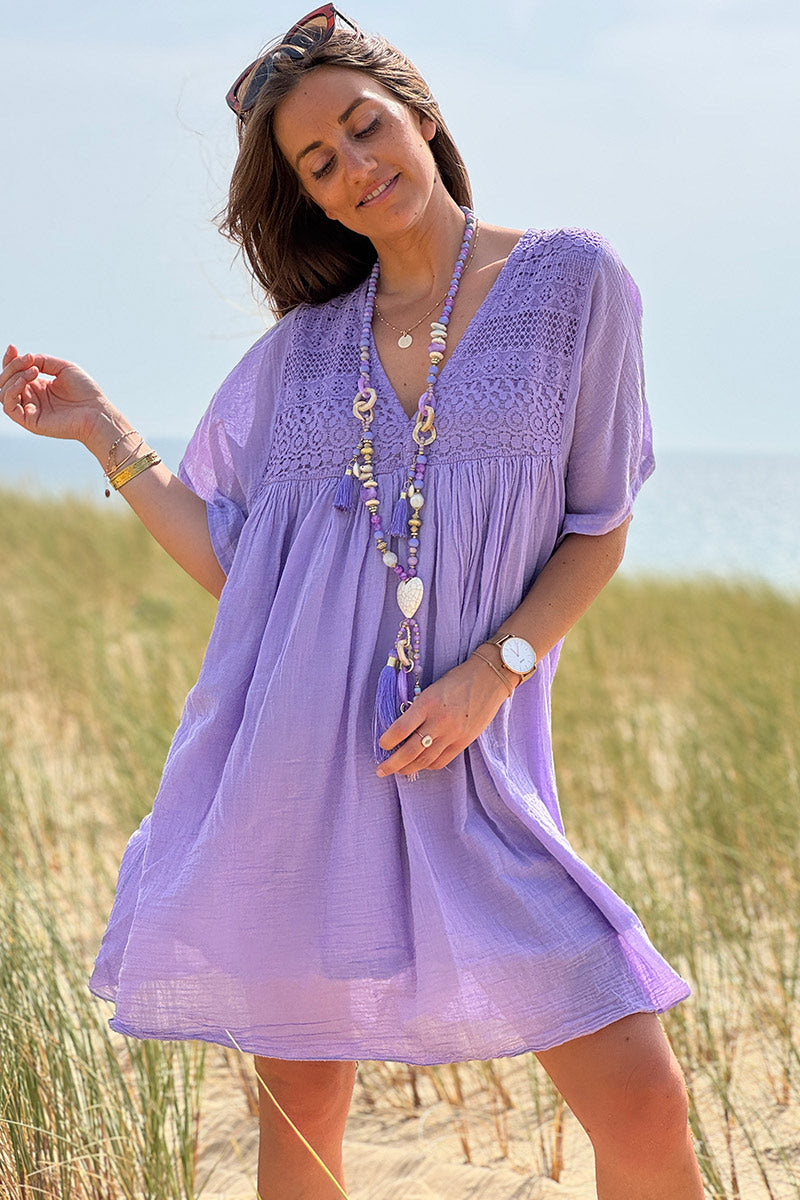 Robe lilas légère voile de coton haut dentelle
