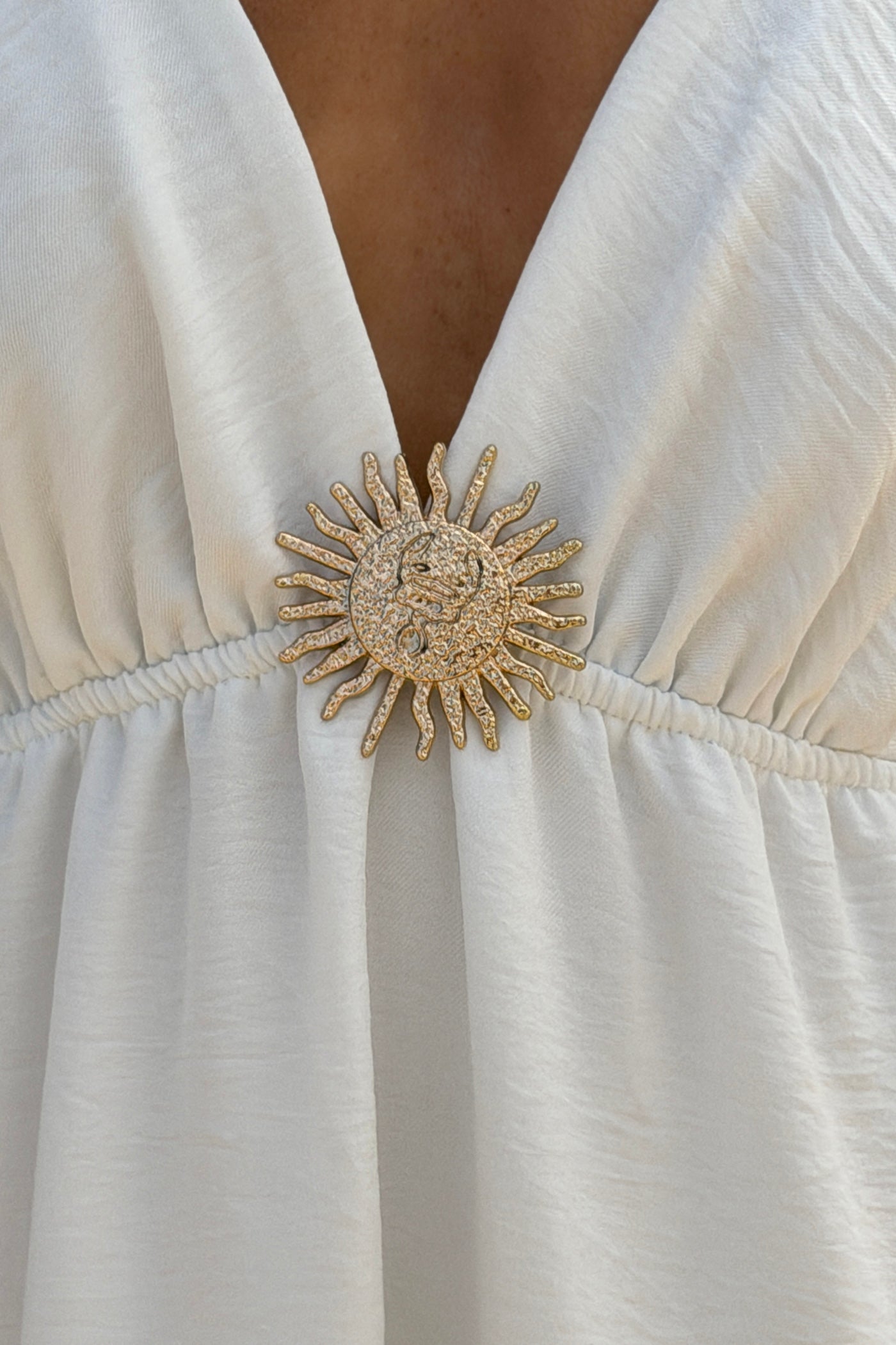 White Tiered Goddess Maxi Dress with Golden Sun Brooch
