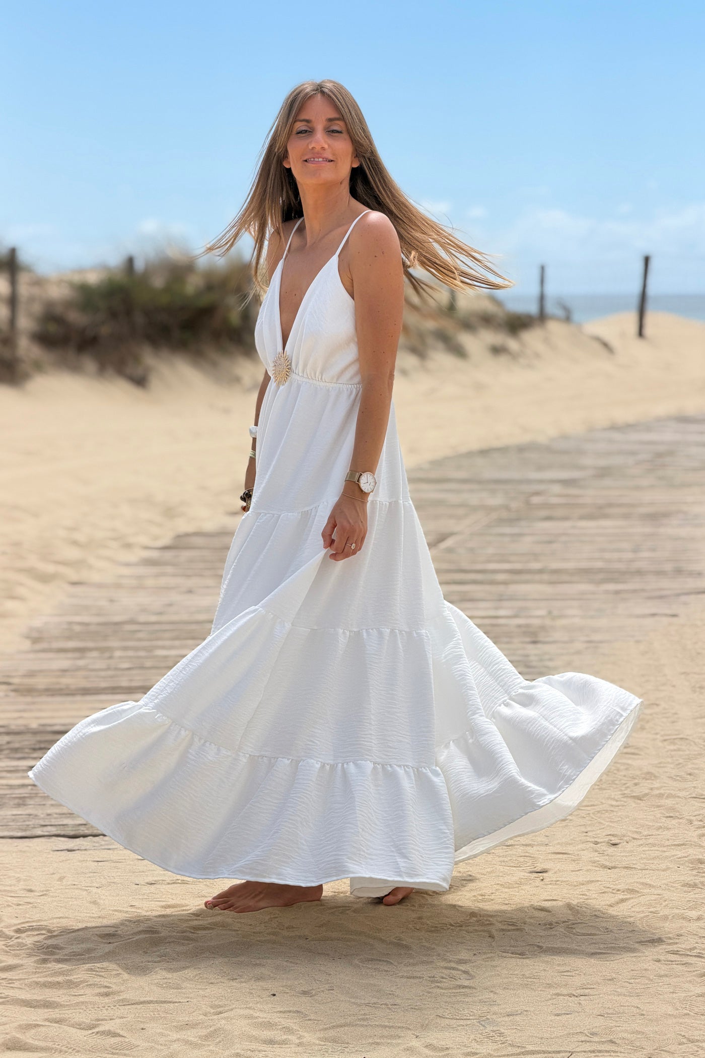 White Tiered Goddess Maxi Dress with Golden Sun Brooch