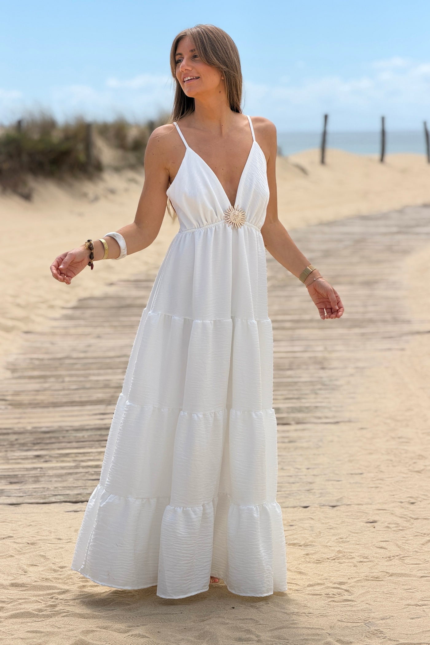 White Tiered Goddess Maxi Dress with Golden Sun Brooch