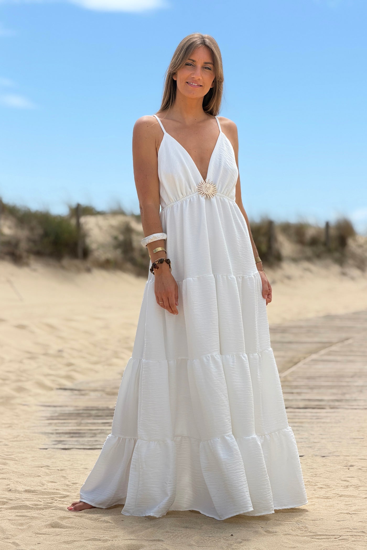 white maxi beach dress Tiered Goddess with Golden Sun Brooch Trouser Size:32 Teal Blue Maxi Dress Garment Type: