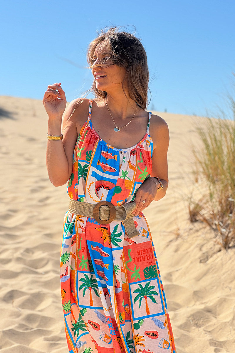 Coral Tropical Block Sleeveless Maxi Dress