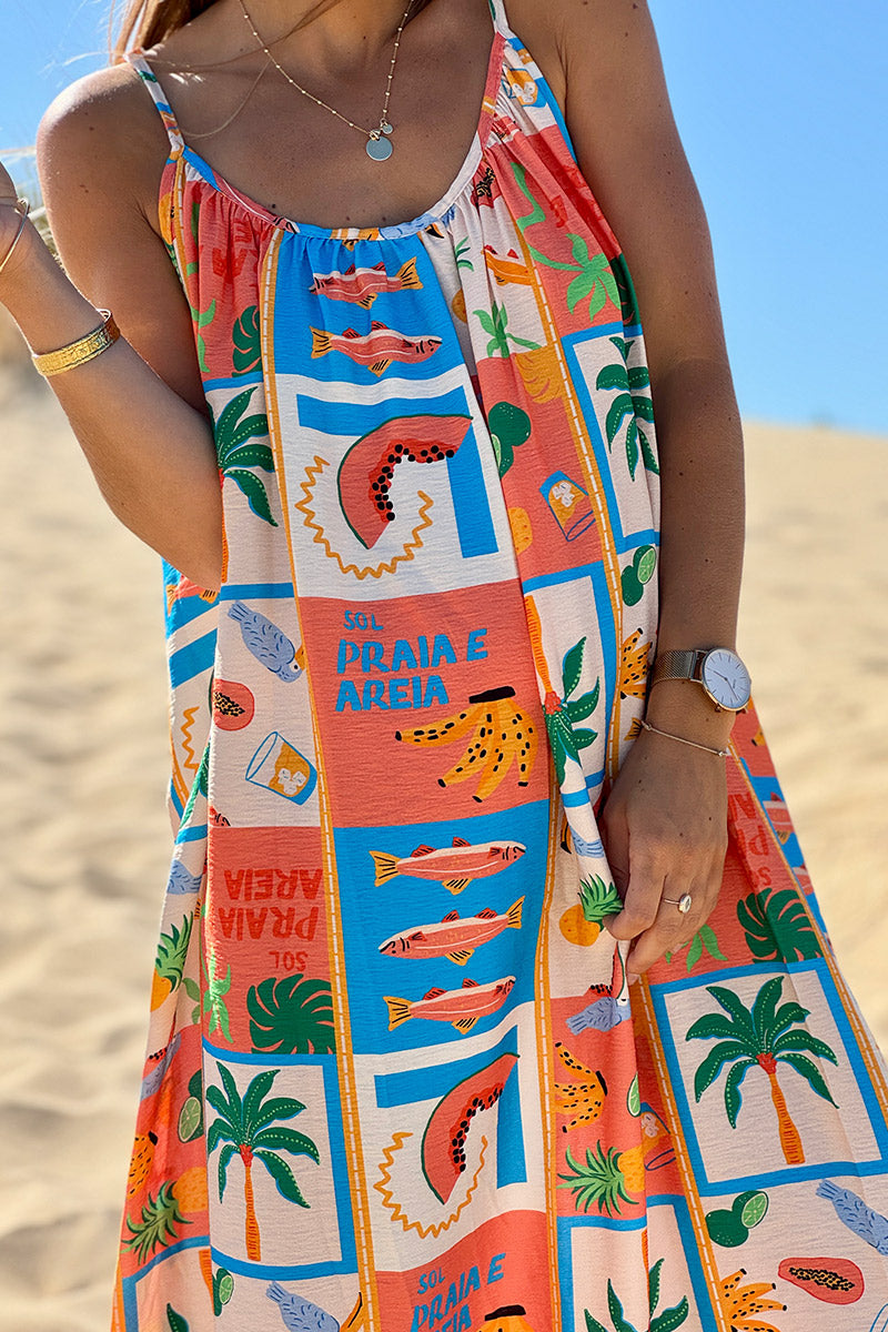Coral Tropical Block Sleeveless Maxi Dress