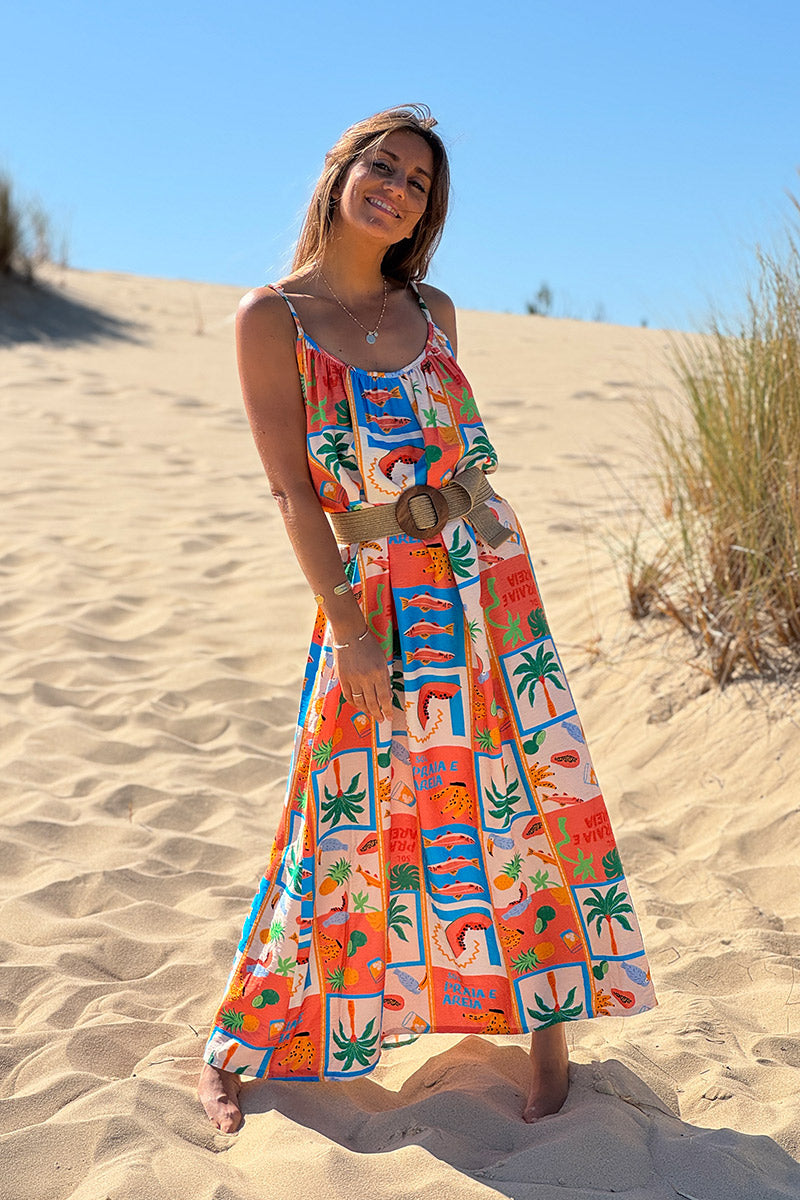 Coral Tropical Block Sleeveless Maxi Dress
