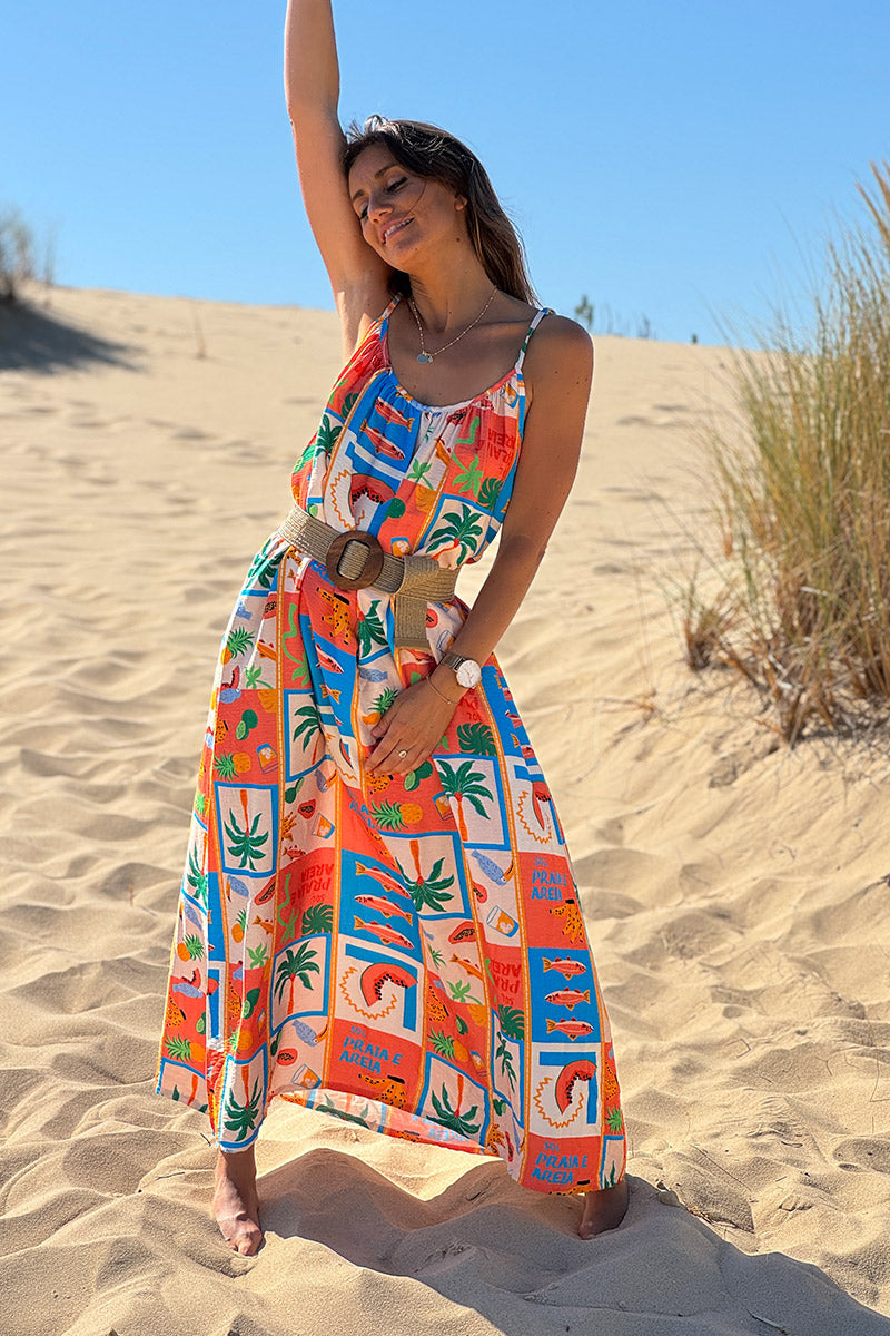 Coral Tropical Block Sleeveless Maxi Dress