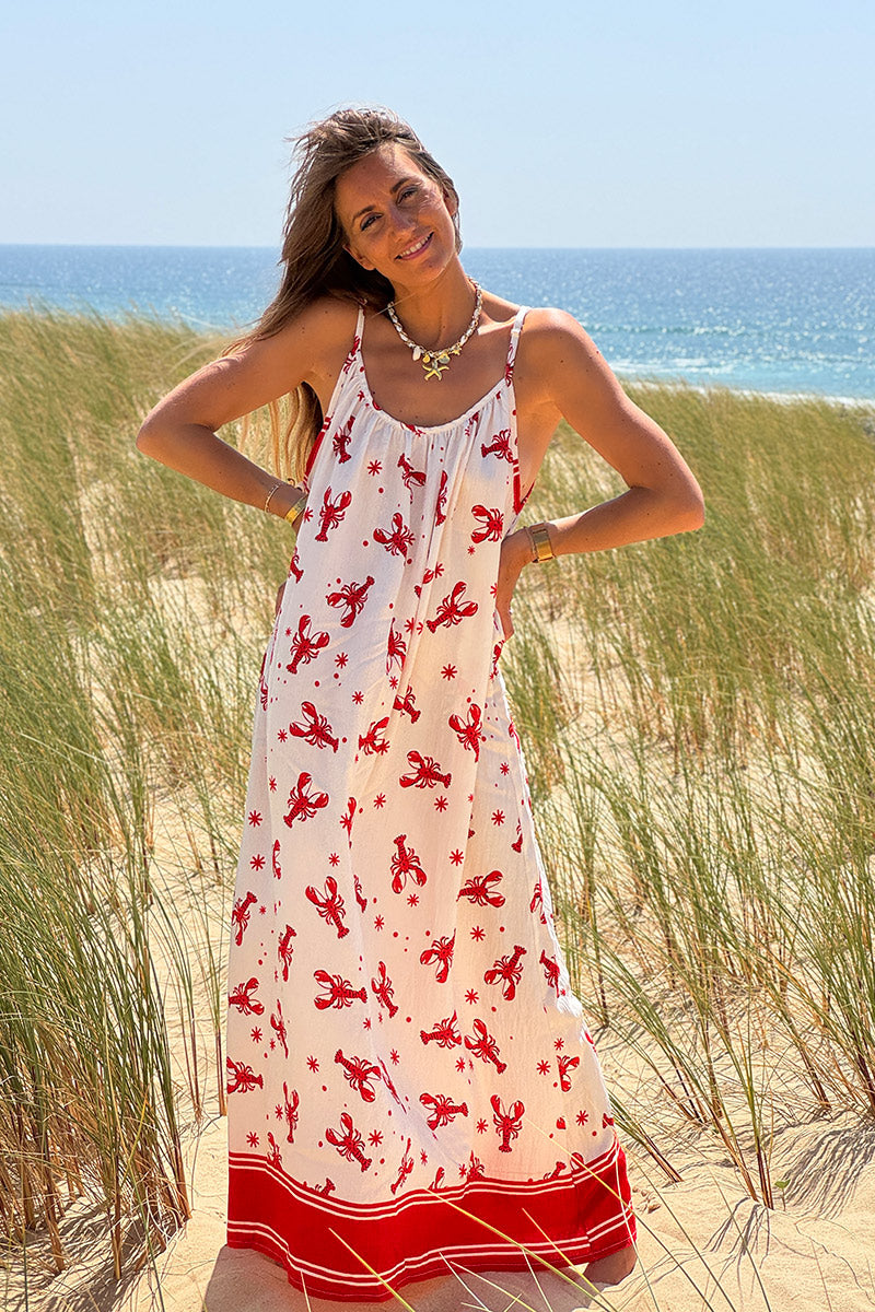 White Lobster Print Maxi Dress