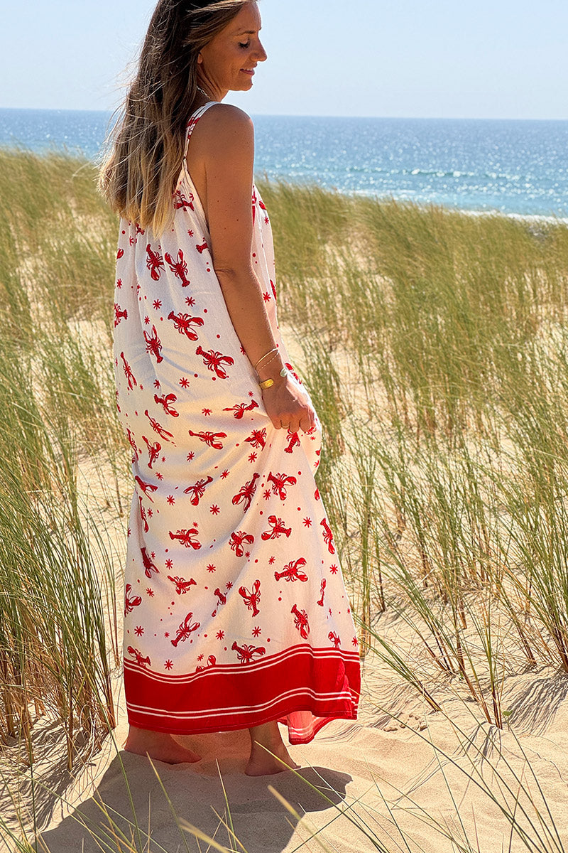 White Lobster Print Maxi Dress