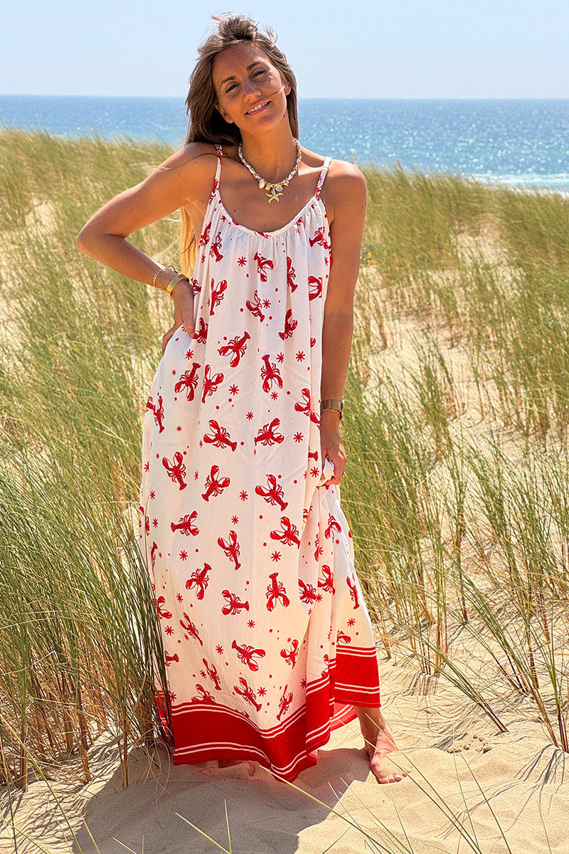 White Lobster Print Maxi Dress