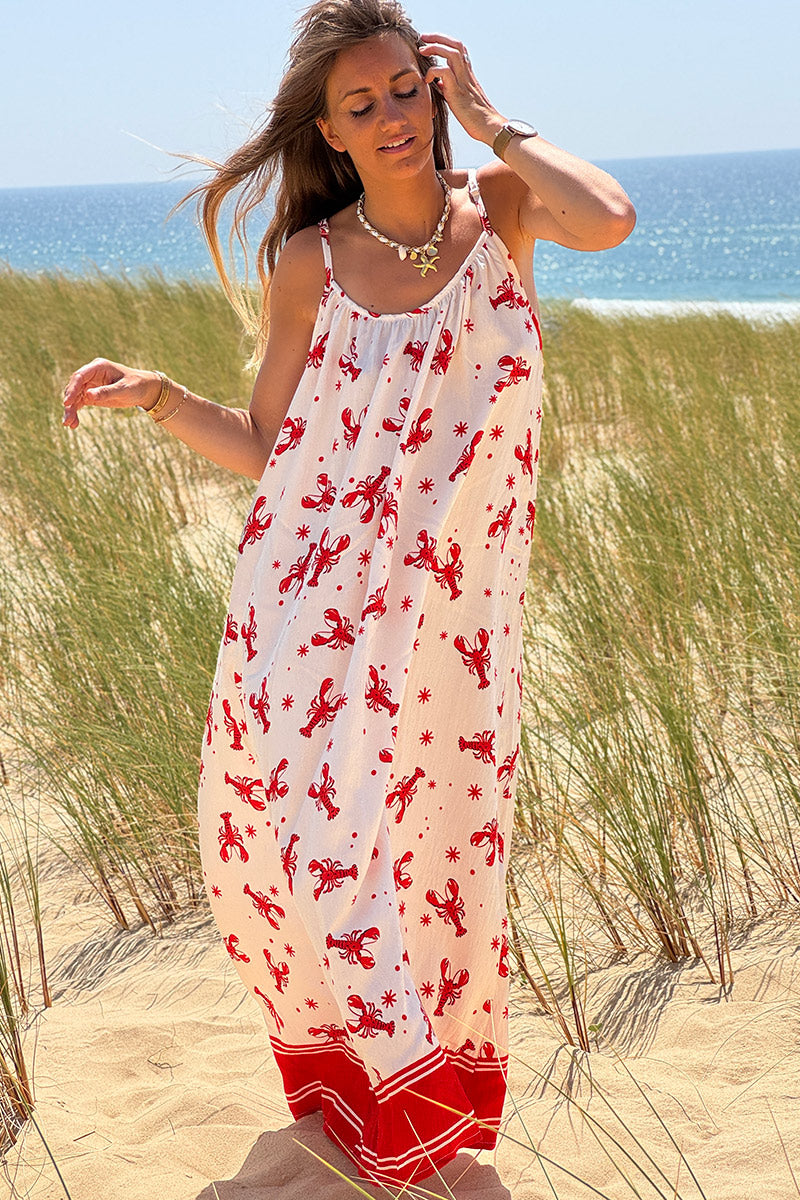 White Lobster Print Maxi Dress
