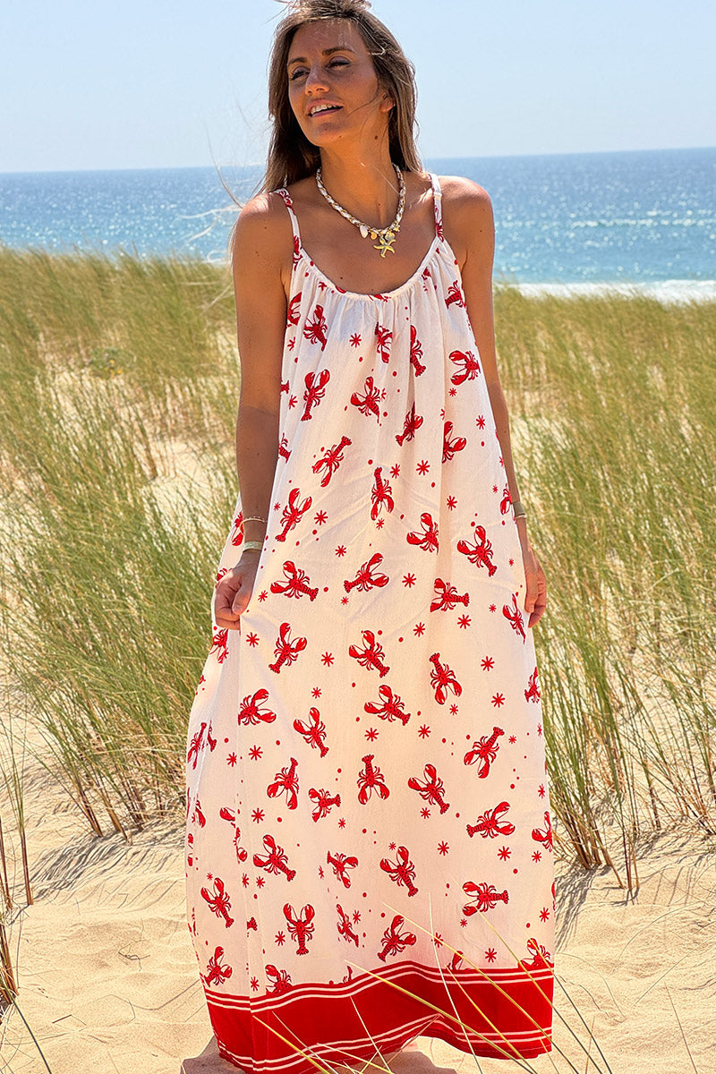 White Lobster Print Maxi Dress
