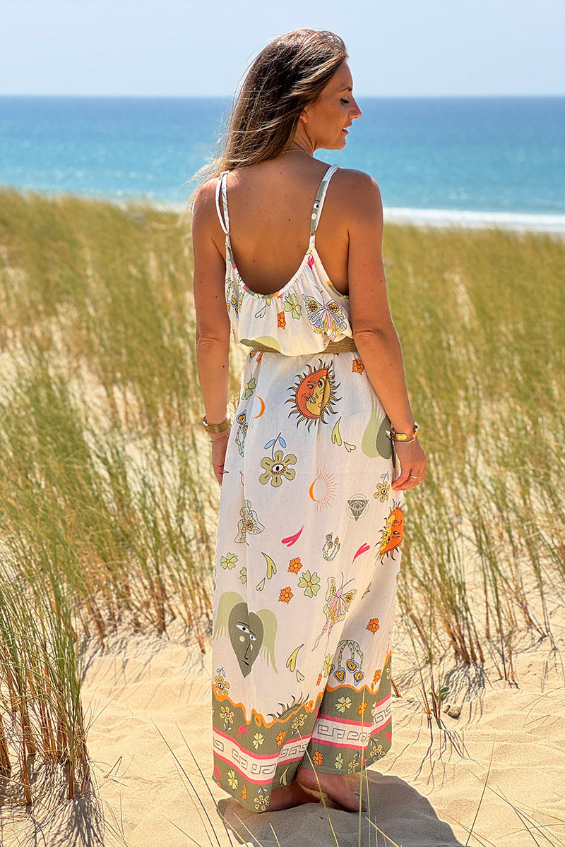 Robe longue à bretelles confort et légère motifs symboles d'été kaki