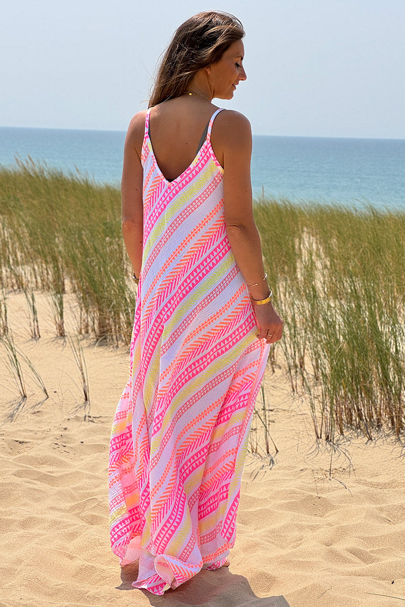 Robe longue à bretelles en gaze de coton imprimé ethnique rose orange et jaune