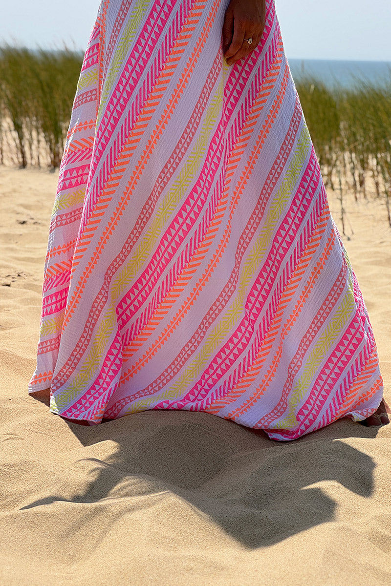 White Gauze Neon Stripe Sun Dress