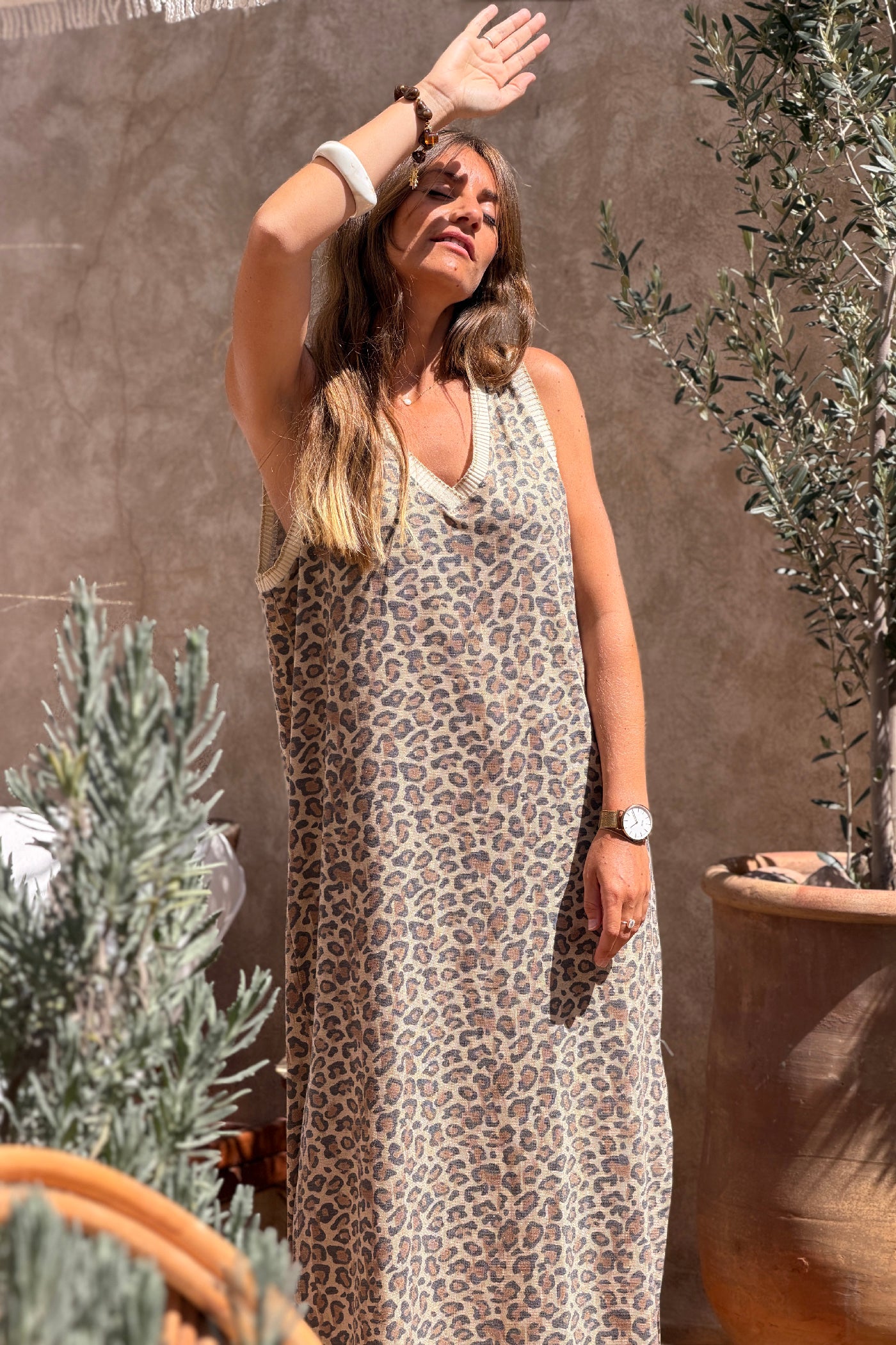 Leopard Print Sleeveless V-Neck Maxi Dress