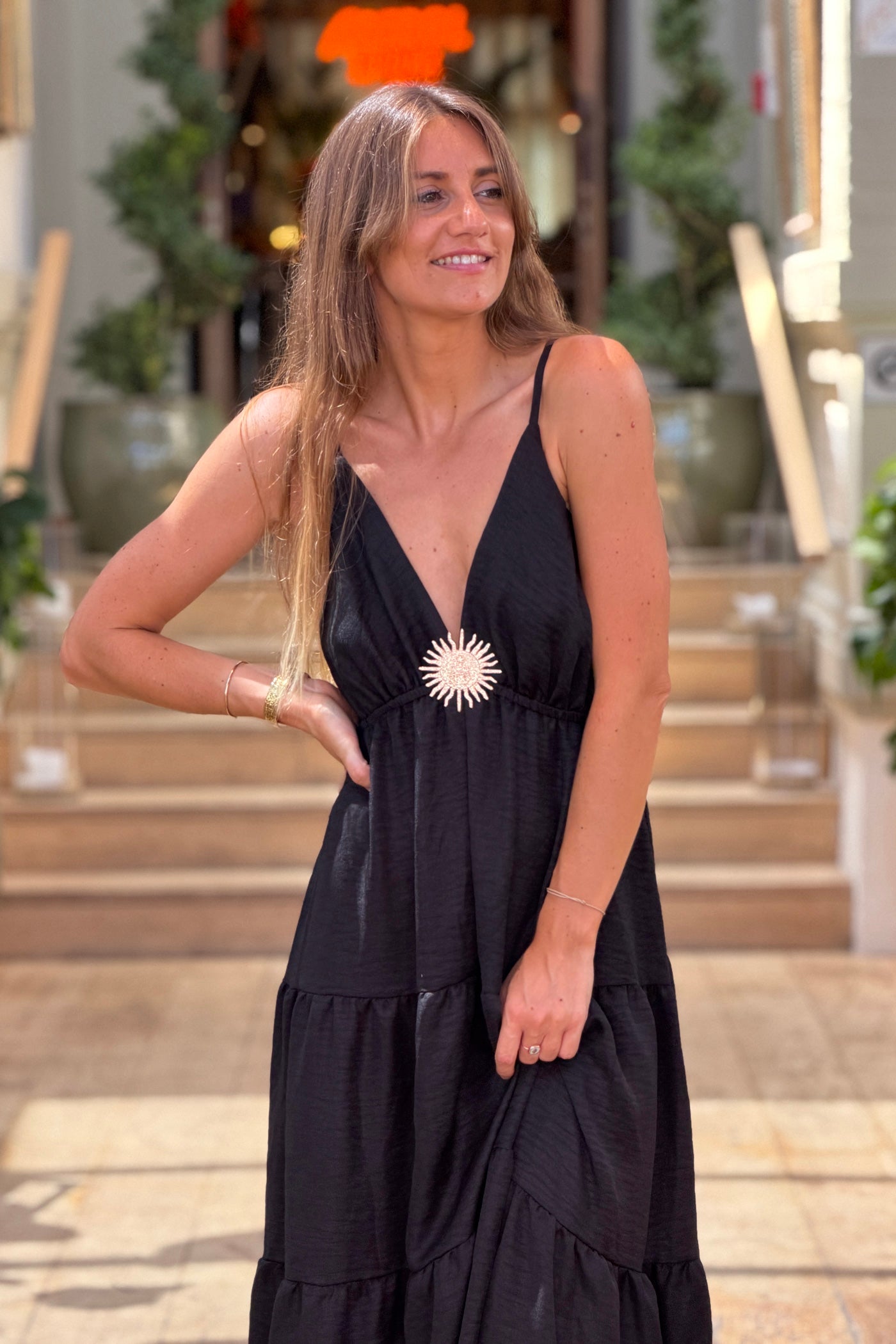 Black Tiered Goddess Maxi Dress with Golden Sun Brooch