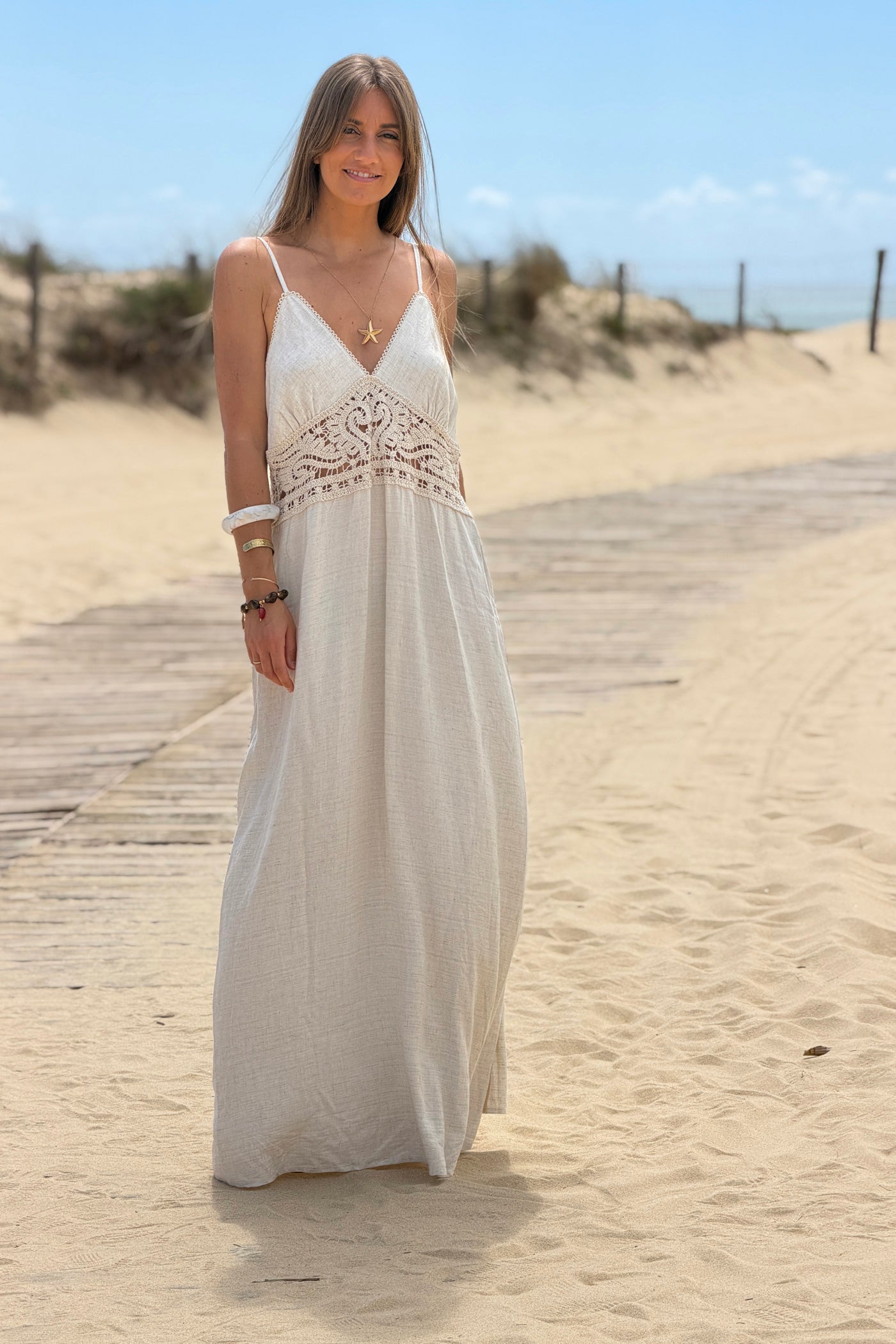 Oatmeal Linen Crochet Maxi Dress