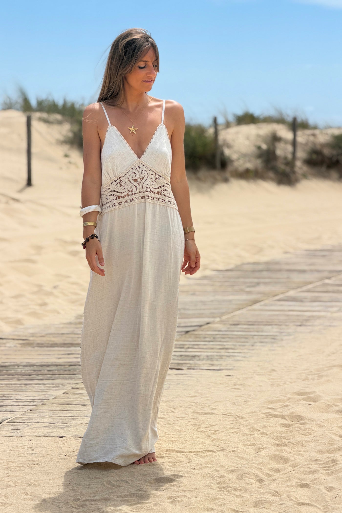 Oatmeal Linen Crochet Maxi Dress