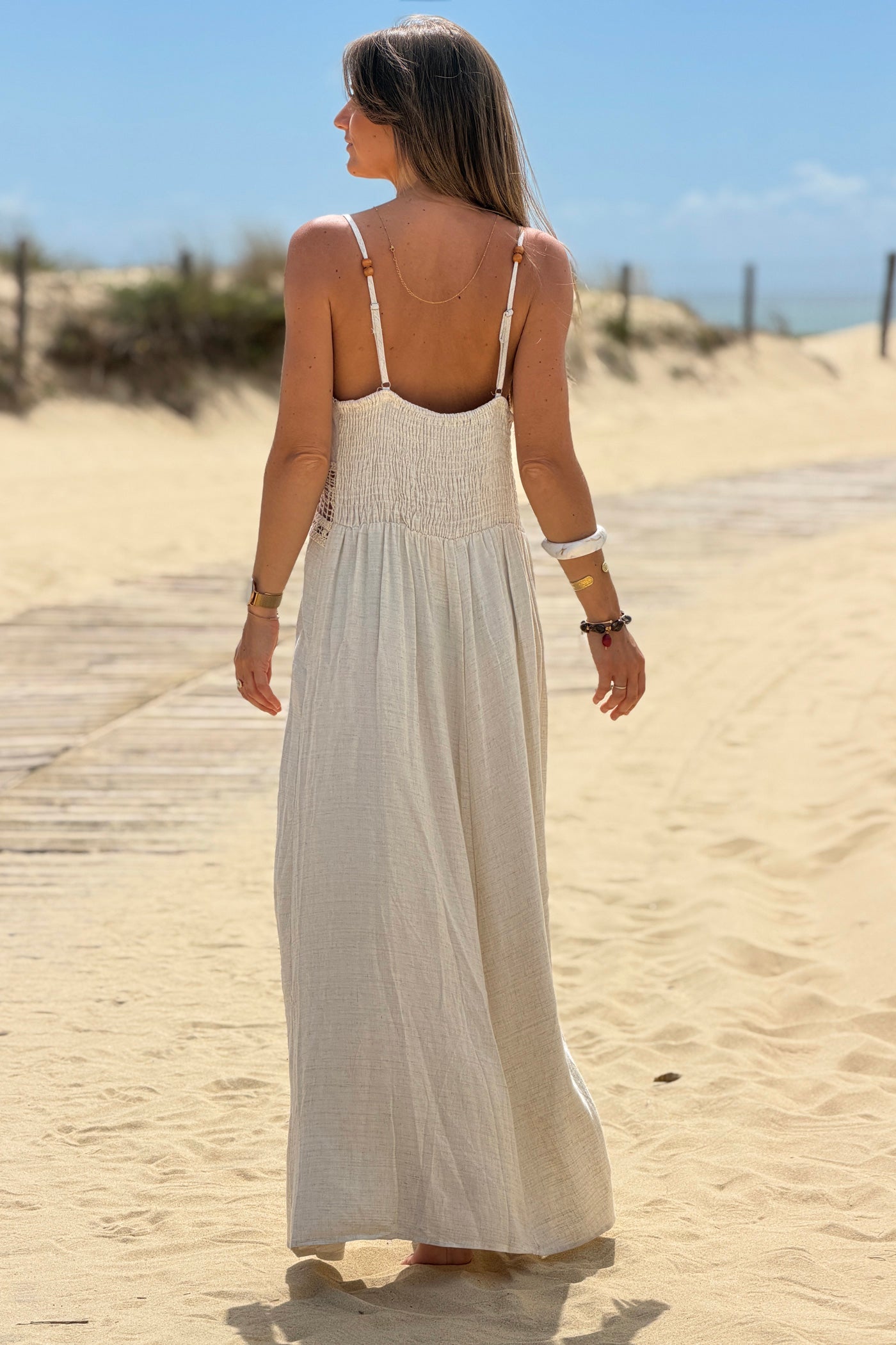 Oatmeal Linen Crochet Maxi Dress