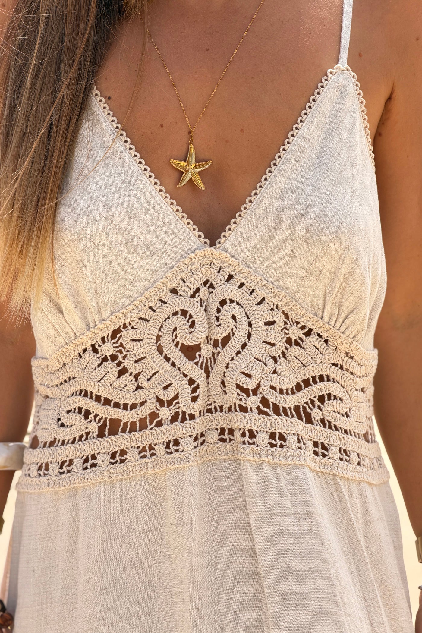 Oatmeal Linen Crochet Maxi Dress