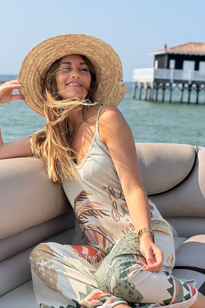 Robe longue beige brillante à bretelles motifs palmier léopard Dolce