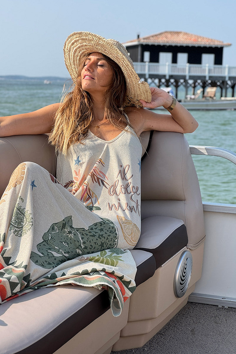 Robe longue beige brillante à bretelles motifs palmier léopard Dolce