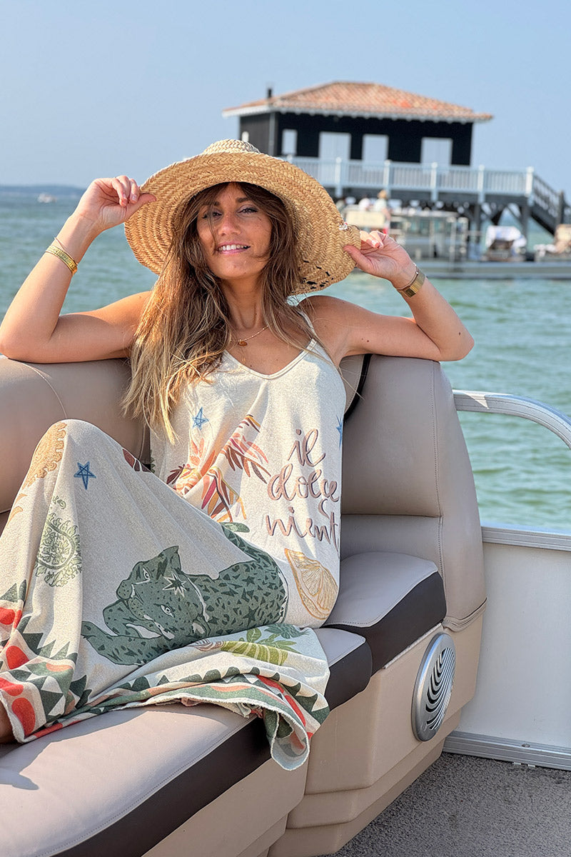 Robe longue beige brillante à bretelles motifs palmier léopard Dolce